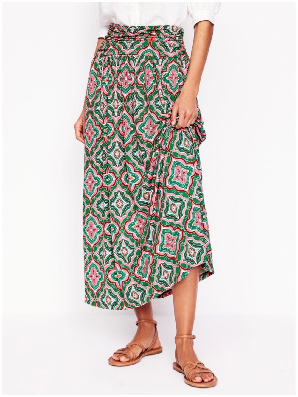 Boden Women’s Sz 4 Jersey Maxi Skirt Green Pink Geometric Print Rosaline